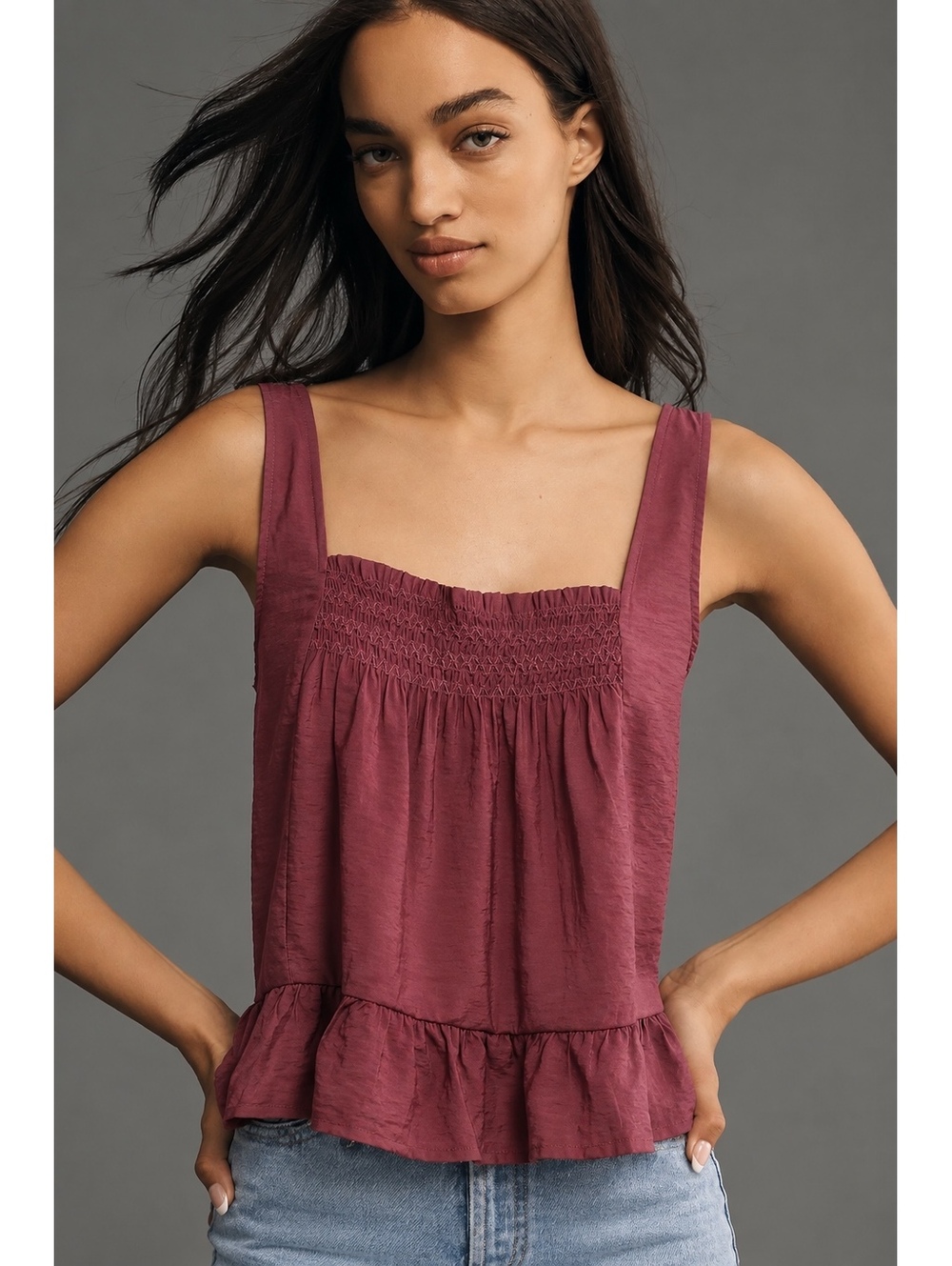 Maeve Anthropologie Smocked Ruffle Hem Swing Tank Top Burgundy Mauve Size M